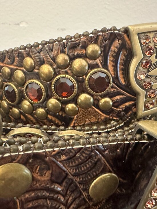 Women’s Brown Western Studded Belt, LeatherAdjustable Brass Buckle, Size L